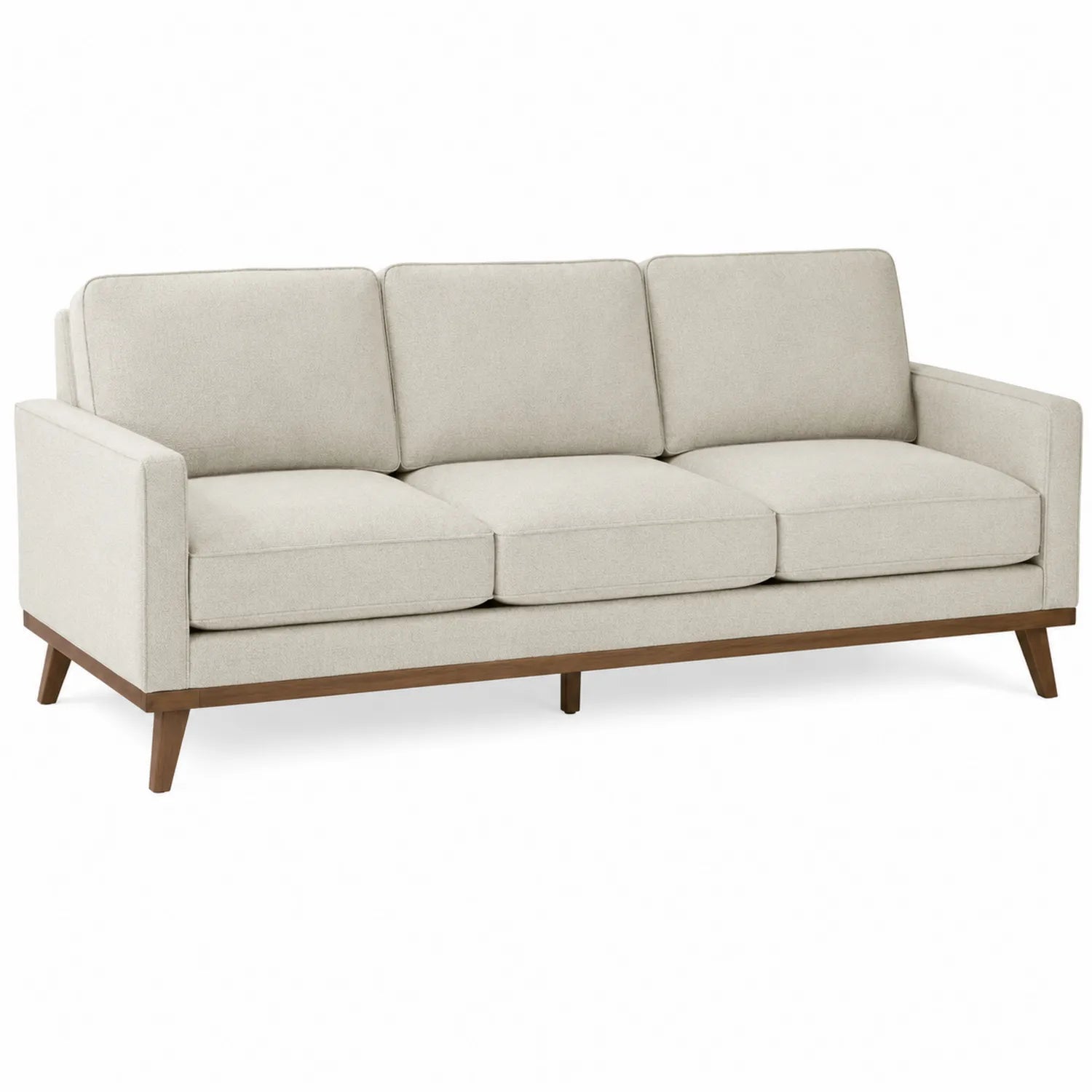 Sofá de tela beige 3 plazas con estructura de madera y patas cónicas