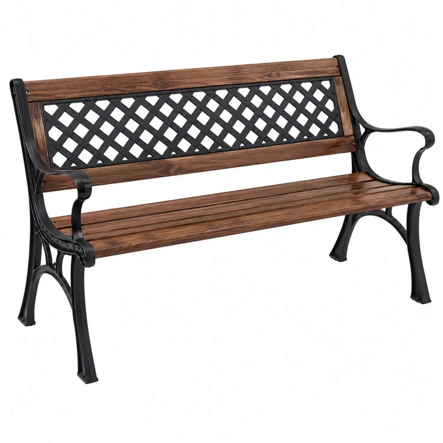 Banco de madera y hierro fundido con respaldo decorativo para exteriores
