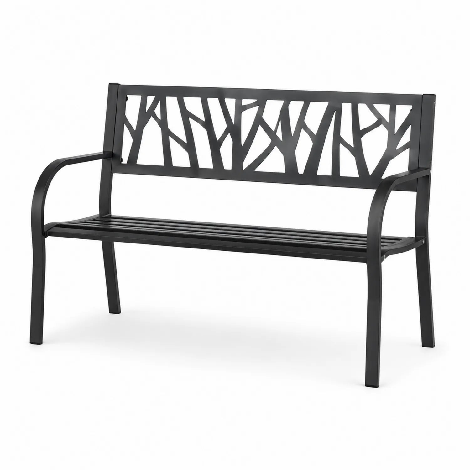 Banco de metal negro con respaldo decorativo exterior 127x60x85 cm