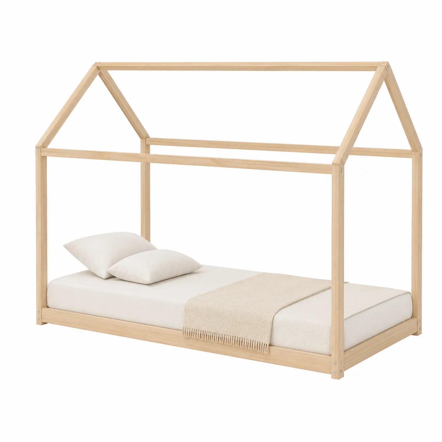 Cama infantil de madera de pino con forma de casa, 200 cm x 90 cm