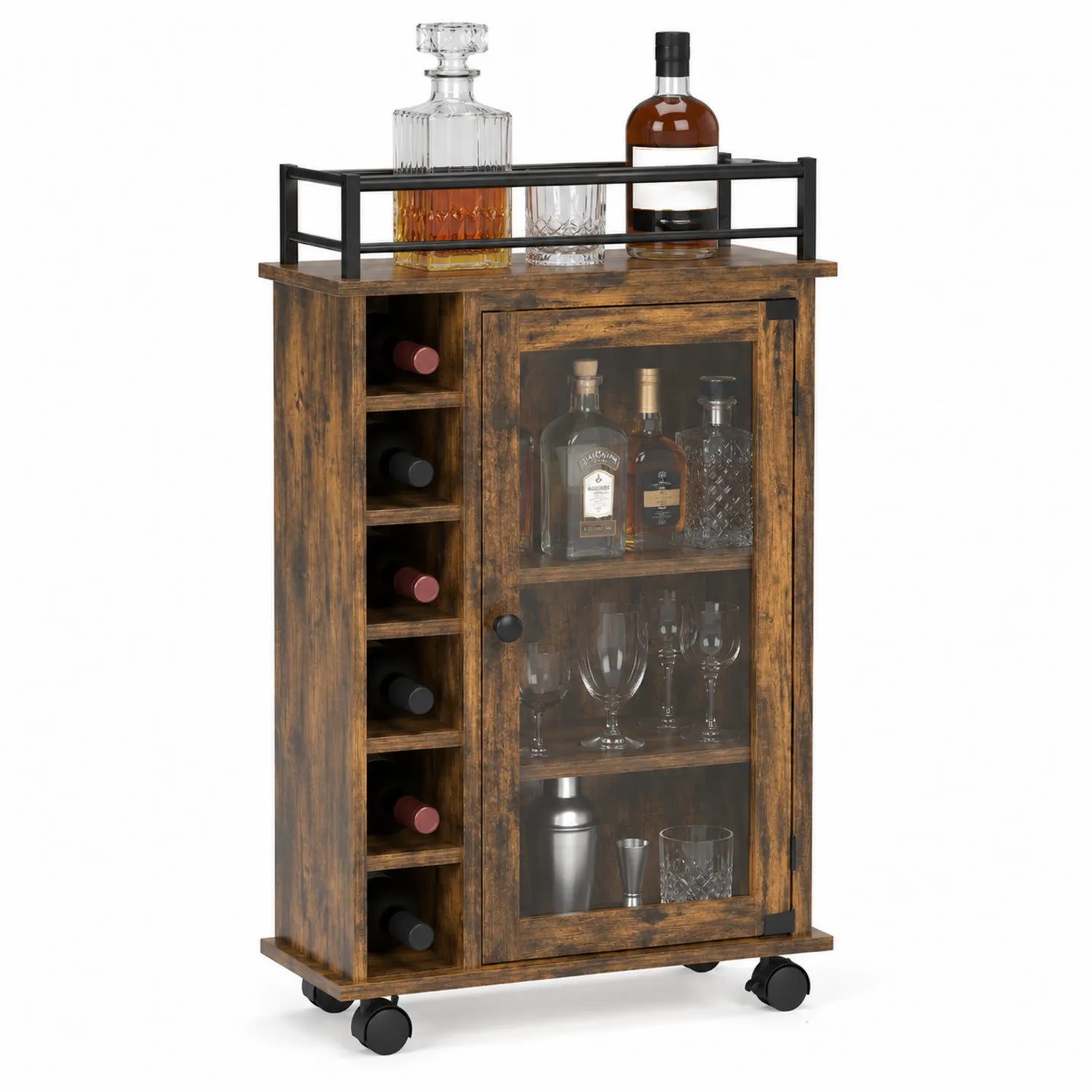 Carrito de Bar de Madera con Ruedas para Botellas y Cristalería