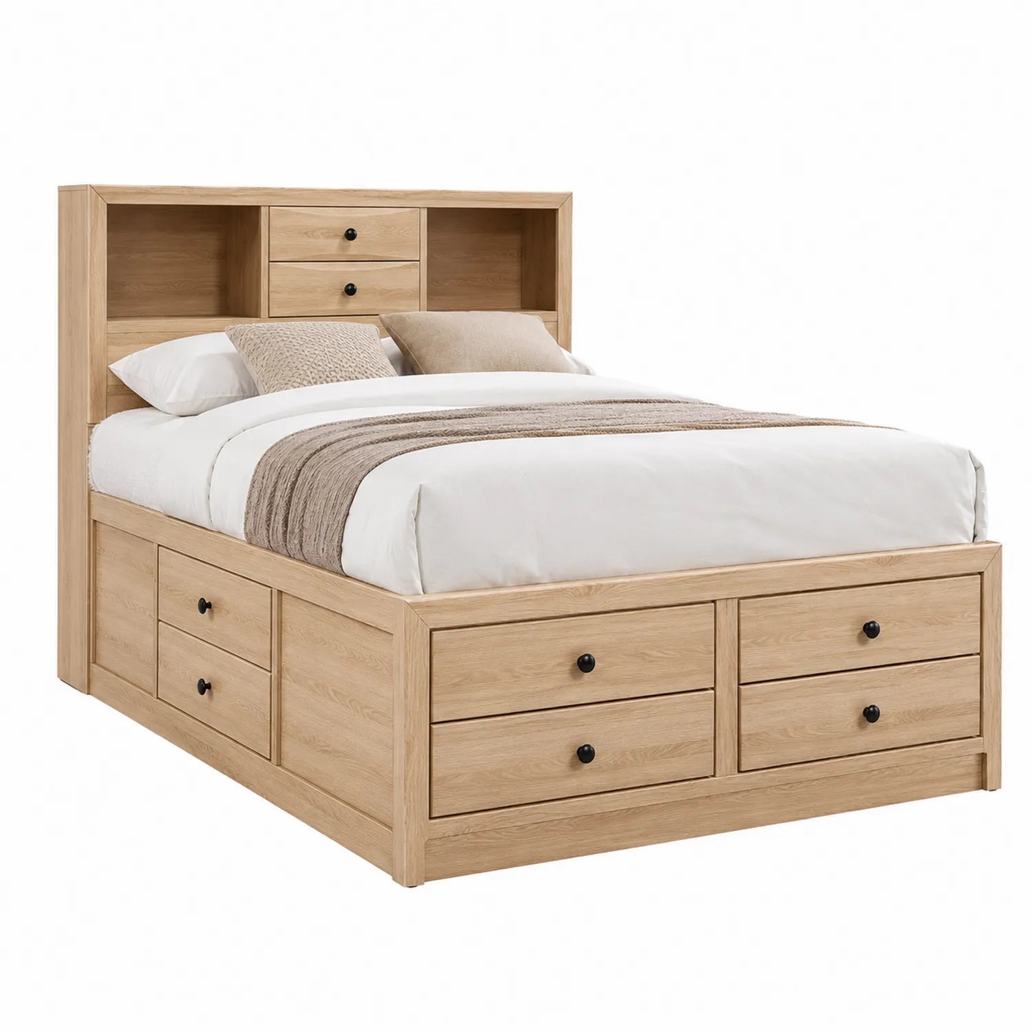 Cama de Madera con Almacenamiento y Cabecero con Cajones de Roble