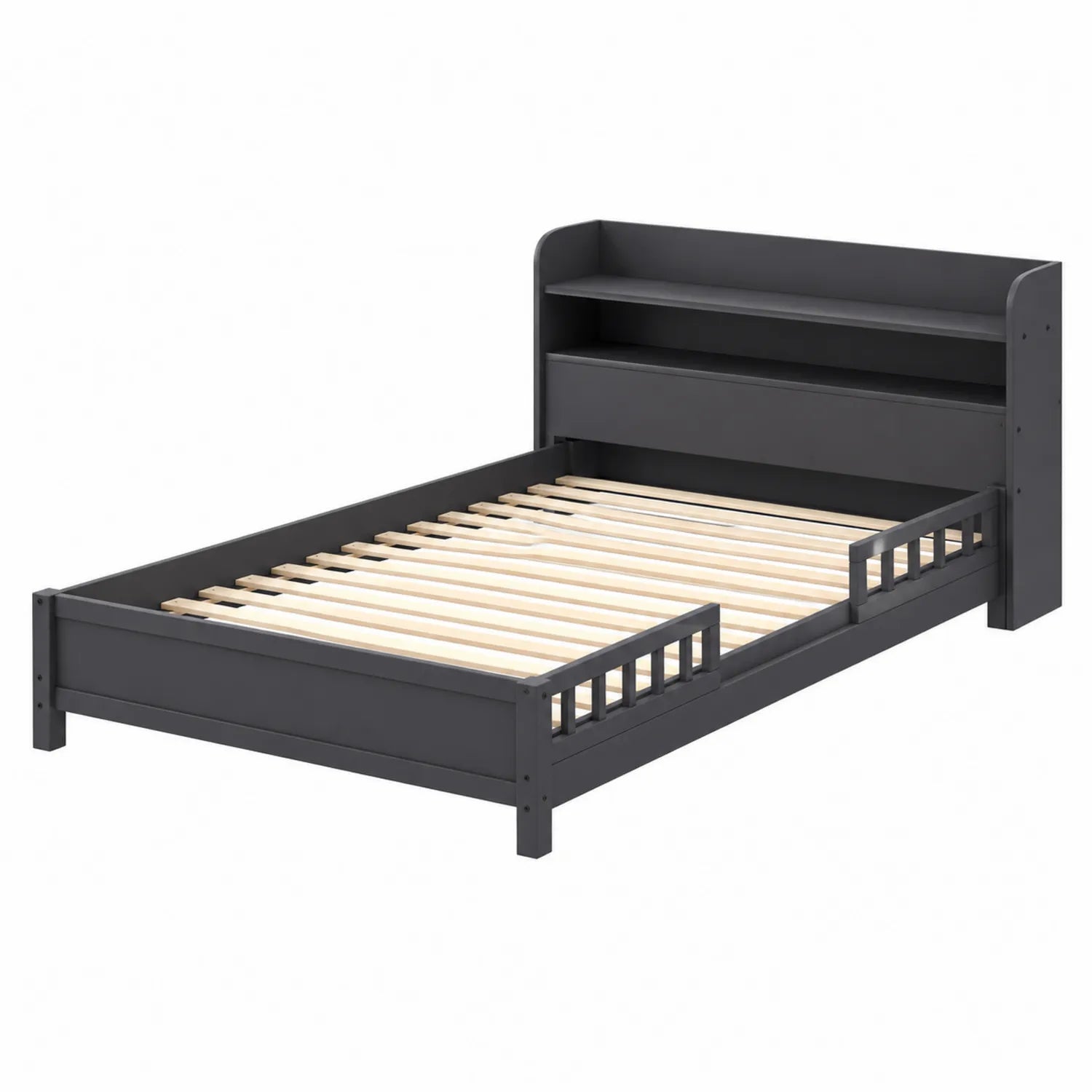 Cama individual con estantería de madera gris 200x90 cm