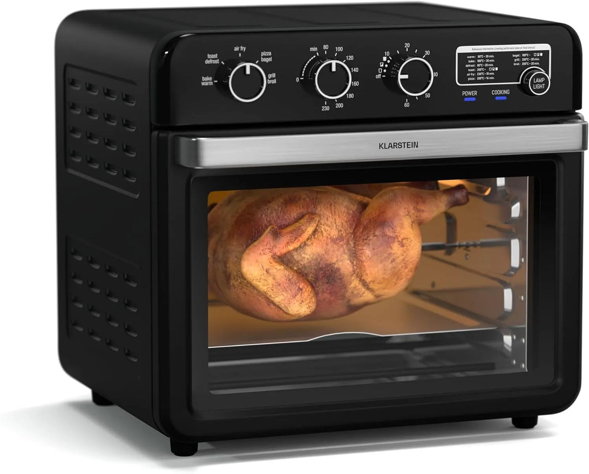 Klarstein airfryer, 9 programma's, draaispitfunctie, heteluchtfunctie, AirGlaze heteluchtfriteuse, bediening met draaiknop, panoramisch venster