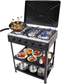 Gaskookplaat, 82 cm, 61,5 x 42,5 x 82 cm, met 5 vlammen met antislip houder, grillwagen met deksel, vrijstaand gasfornuis, camping gasfornuis