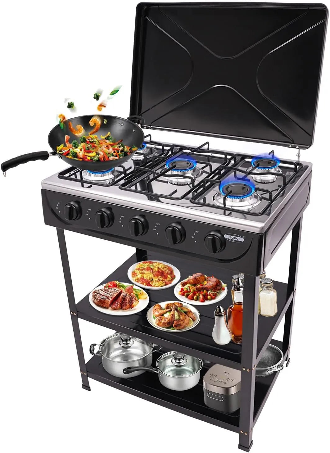 Gaskookplaat, 82 cm, 61,5 x 42,5 x 82 cm, met 5 vlammen met antislip houder, grillwagen met deksel, vrijstaand gasfornuis, camping gasfornuis
