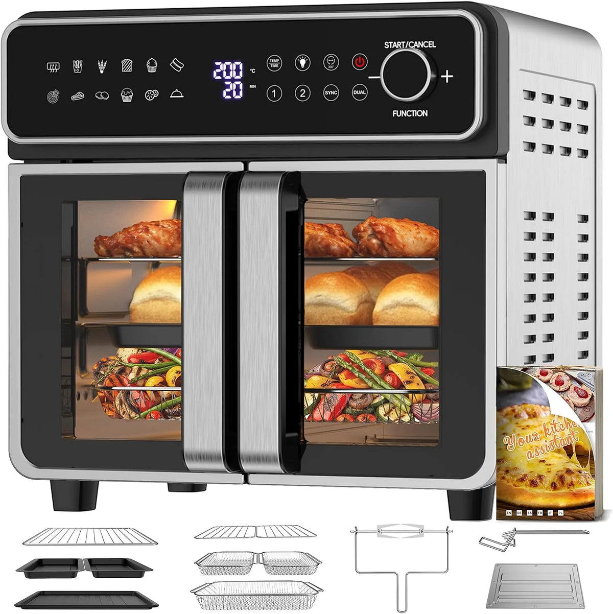 XXL 23L airfryer, Emphsism, Mini-oven met variabele Flex-Zone, met dubbele kamer en openslaande deuren, Onafhankelijke temperatuurregeling