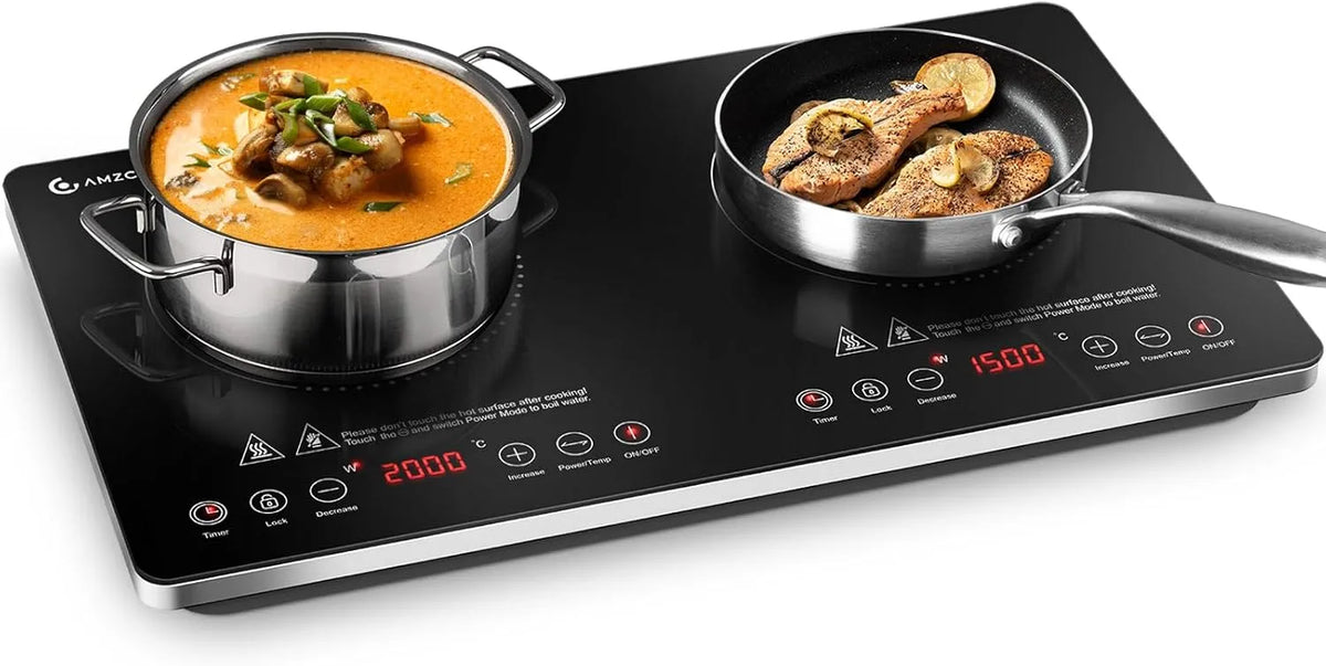 Inductiekookplaat, 3500 W, timer, 2 platen, AMZCHEF dubbel 3500 W met onafhankelijke bedieningen, meerdere vermogensinstellingen, verbeterde IGBT
