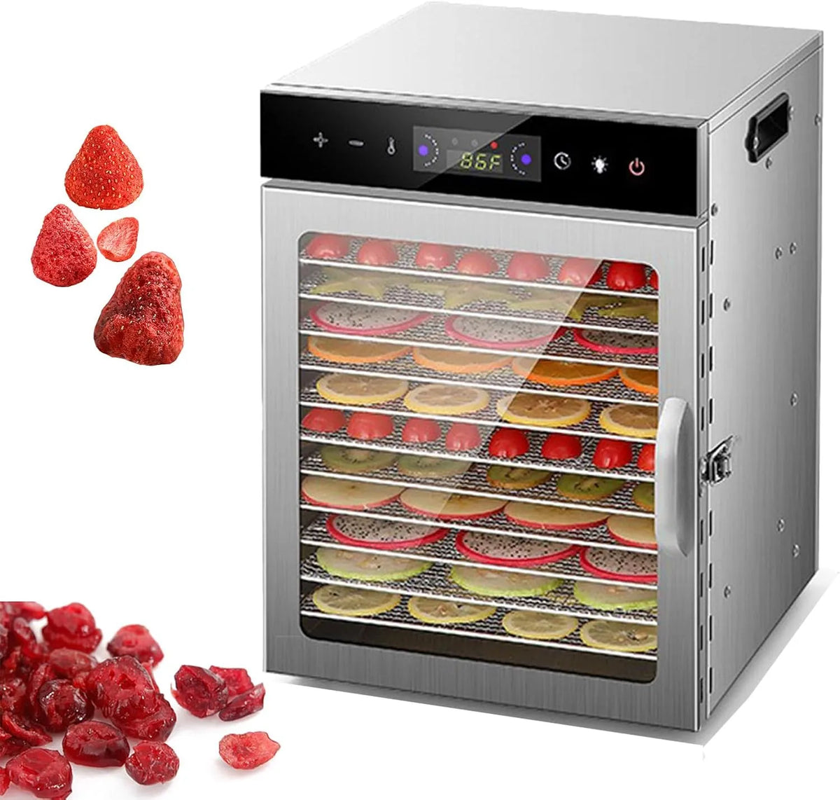Voedseldroger, 1000 W, touchbediening, digitaal display, timer, Commerciële machine, 1000 W roestvrijstalen voedselgedroogde droger met 12 laden