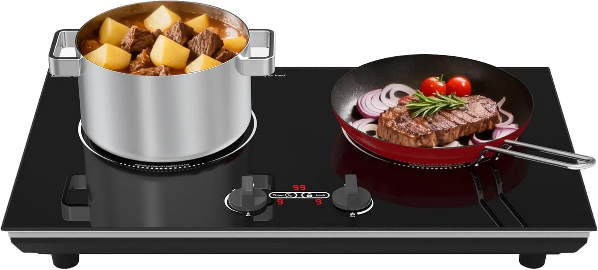 Inductiekookplaat, 3520W, 9 Standen, timer, 220V 3520W, Dubbele Met Draaiknopbediening, Kinderbeveiliging En Timer, Led Touch Bediening