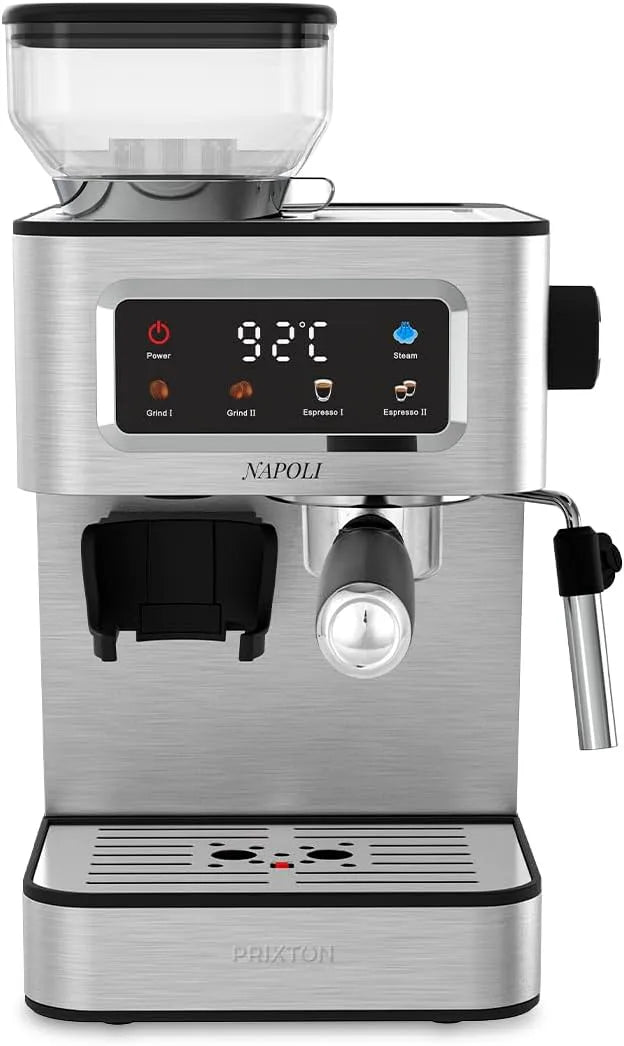 Espressomachine, 20 bar, 1350 W, 22 standen, PRIXTON Napoli met geïntegreerde maalfunctie, dubbele uitgang, verstelbare stoompan, gemalen en capsules
