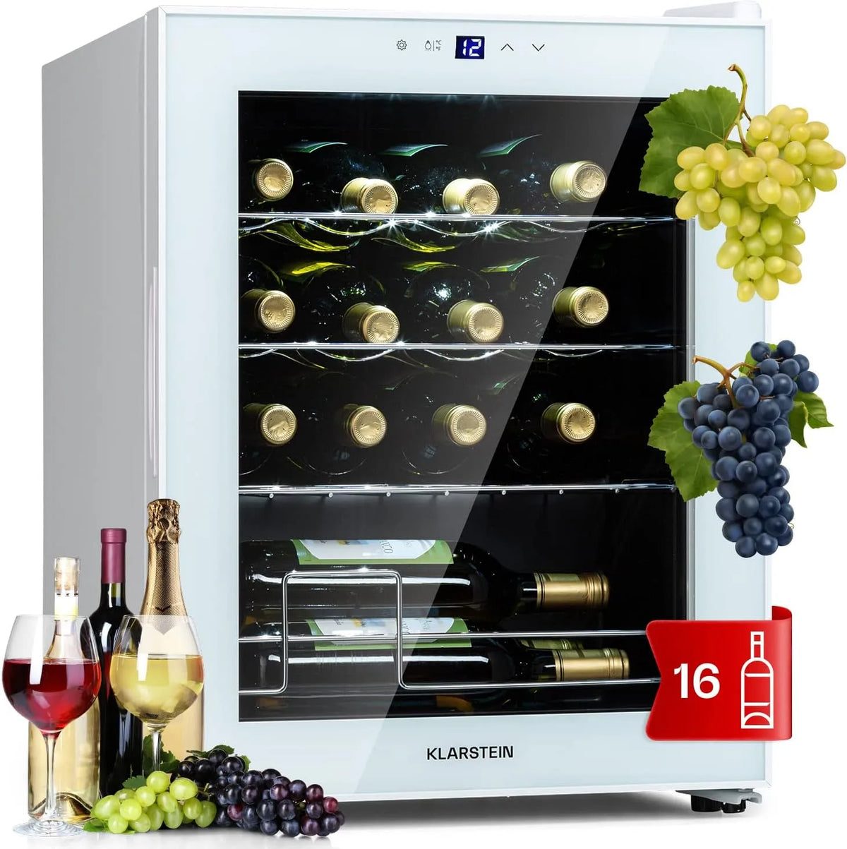Klarstein wijnkoelkast, Shiraz Vrijstaande Wijnkoeler Dranken Koelkast, Wijn Koelkast met Enkele Zone, Wijn Prosecco & Bierflessen