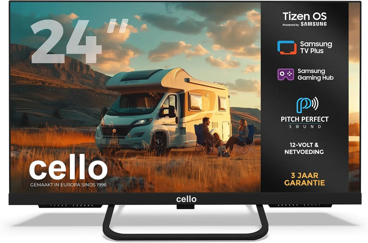 Samsung CTRAV-24TZ IPL-ontharingsapparaat, 24 inch, Bluetooth-connectiviteit, Cello 24 inch Smart frameloze led 12V Traveller-TV met Tizen OS van