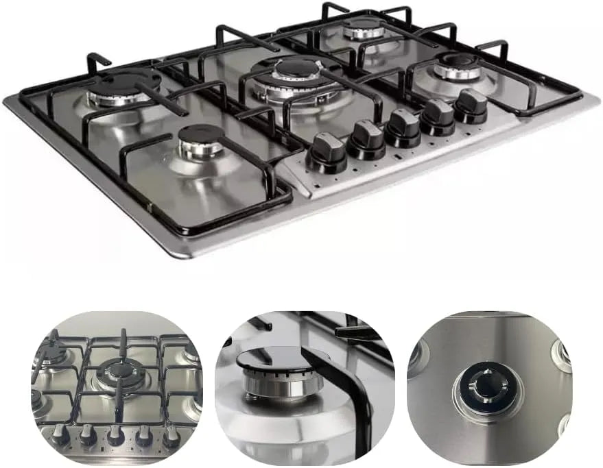 C7-50BTF kookplaat, 75 cm, 5 branders, Glazen met 5 branders, professioneel grillrooster van robuust gietijzer