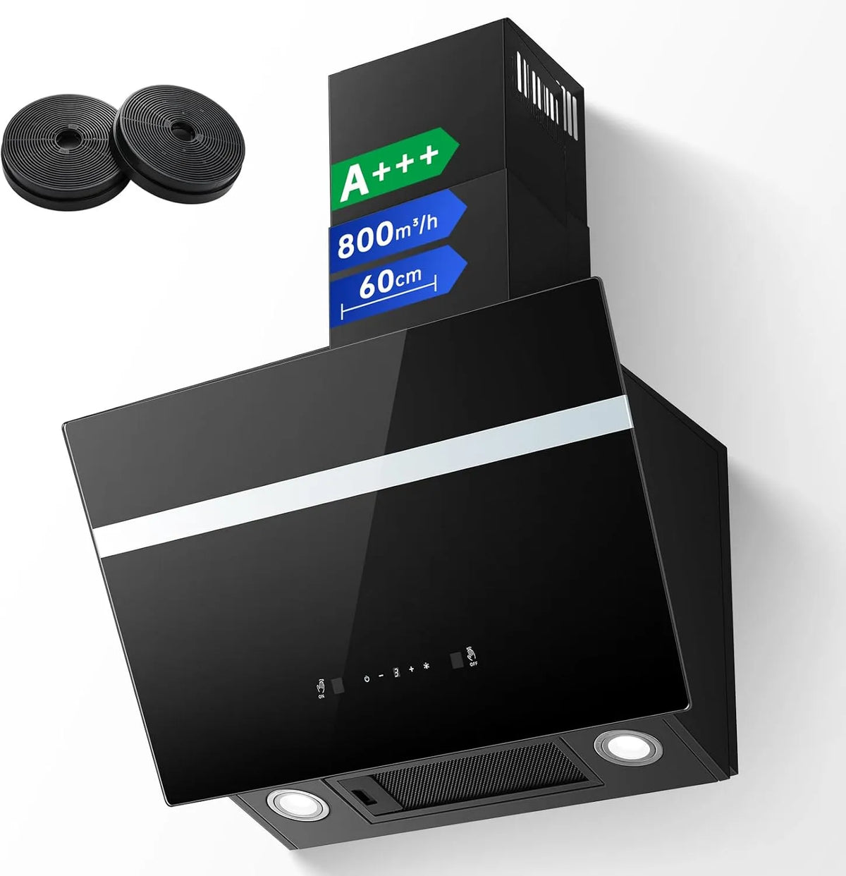Afzuigkap, 800 m3/h, 60 cm, 3 standen, touchbediening, stille werking, heteluchtfunctie, TopStrong 60 cm, stille kopvrijkap met ledverlichting
