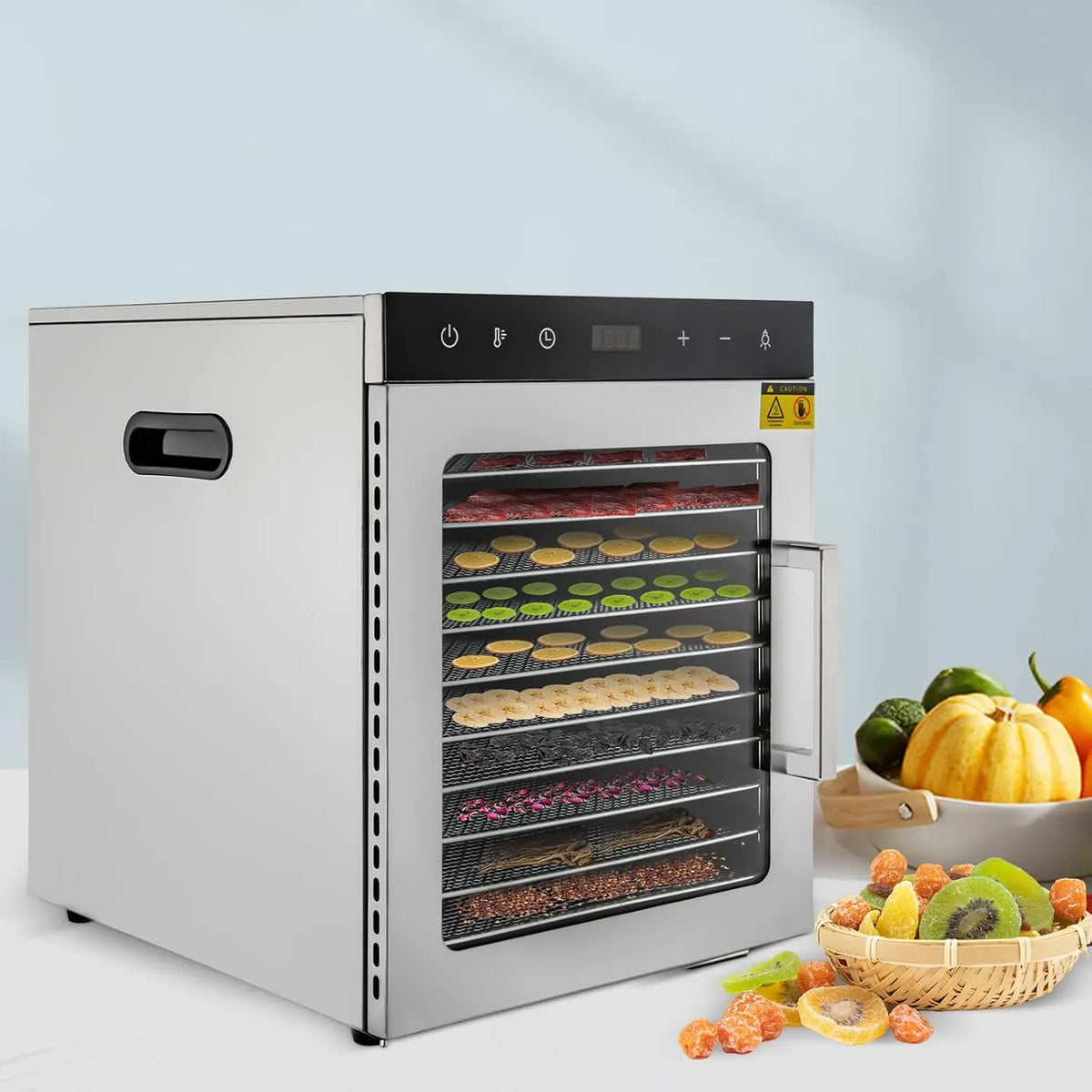 Voedseldroger, roestvrijstalen behuizing, timer, voor het drogen van fruit, vlees, kruiden en snacks