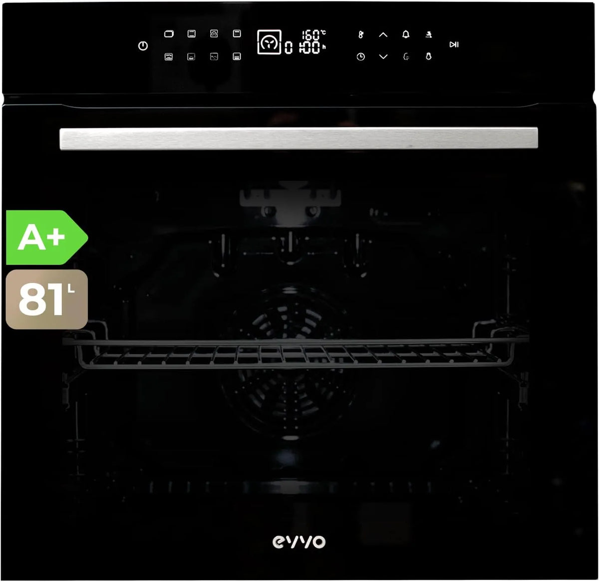 H26 elektrische oven, 14 programma's, touchbediening, digitaal display, timer, EVVO Elektrische inbouwoven, airfryer-functie, telescopische geleiding