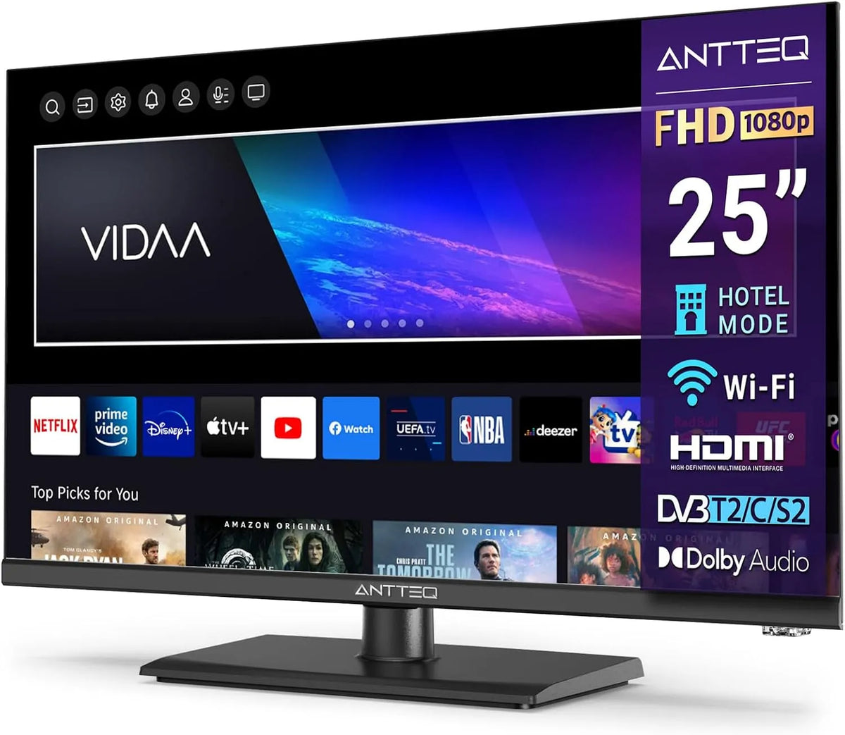 DVB-T2/S2/C TV 25 Smart TV, 25 inch, 64 cm, Full HD, 1080p, wifi-bediening, Antteq V25 Smart inch frameloos, WLAN Full HD 1080p, Triple Tuner