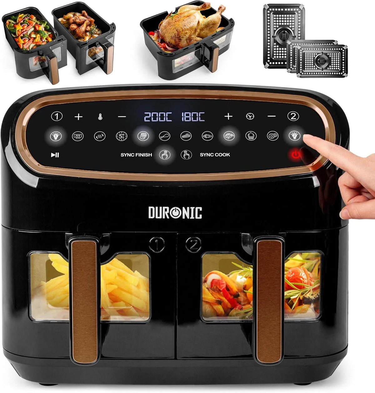 Duronic AF34 BG airfryer, Sync Cook-functie, Sync Finish-functie, dubbele kooklade, bereiding zonder toegevoegd frituurvet