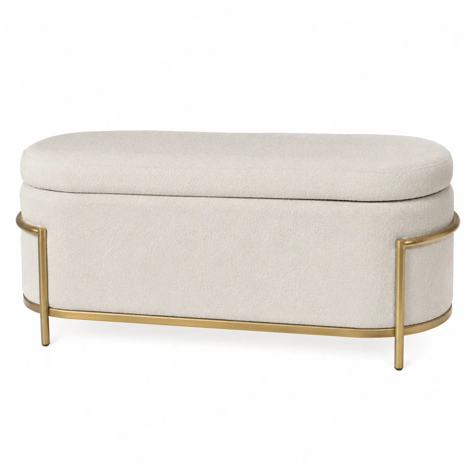 Banco tapizado en tela cruda con estructura de metal dorado 120x45x50 cm