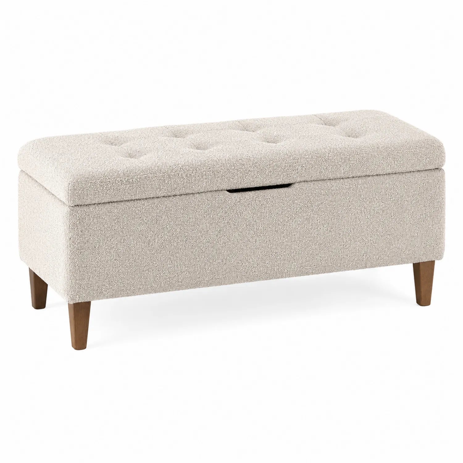 Banco de almacenamiento tapizado beige con patas de madera