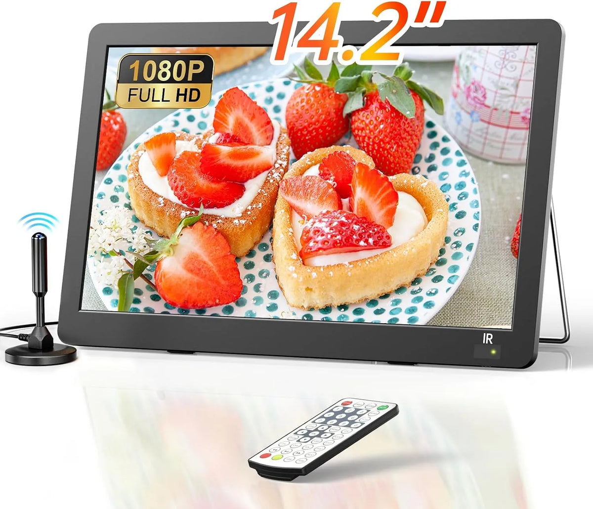 DVB-T2, 14,2 inch, 1080p, DESOBRY 14,2 inch draagbare tv, 1080p oplaadbare mini-tv met antenne en -tuner, outdoor tv-ondersteuning HDMI/USB/AV-ingang