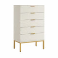 Cómoda de madera y metal con cinco cajones blanca y dorada