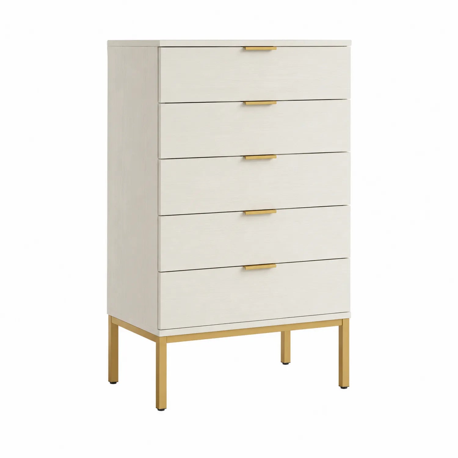 Cómoda de madera y metal con cinco cajones blanca y dorada