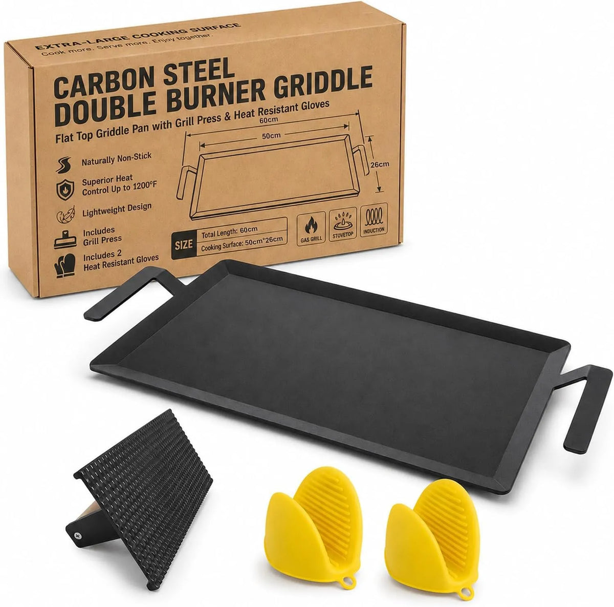 Inductiekookplaat, 26 cm, 60 x 26 cm, Koolstofstalen Grillplaat 60 x 26 cm, voor Gasbarbecue en