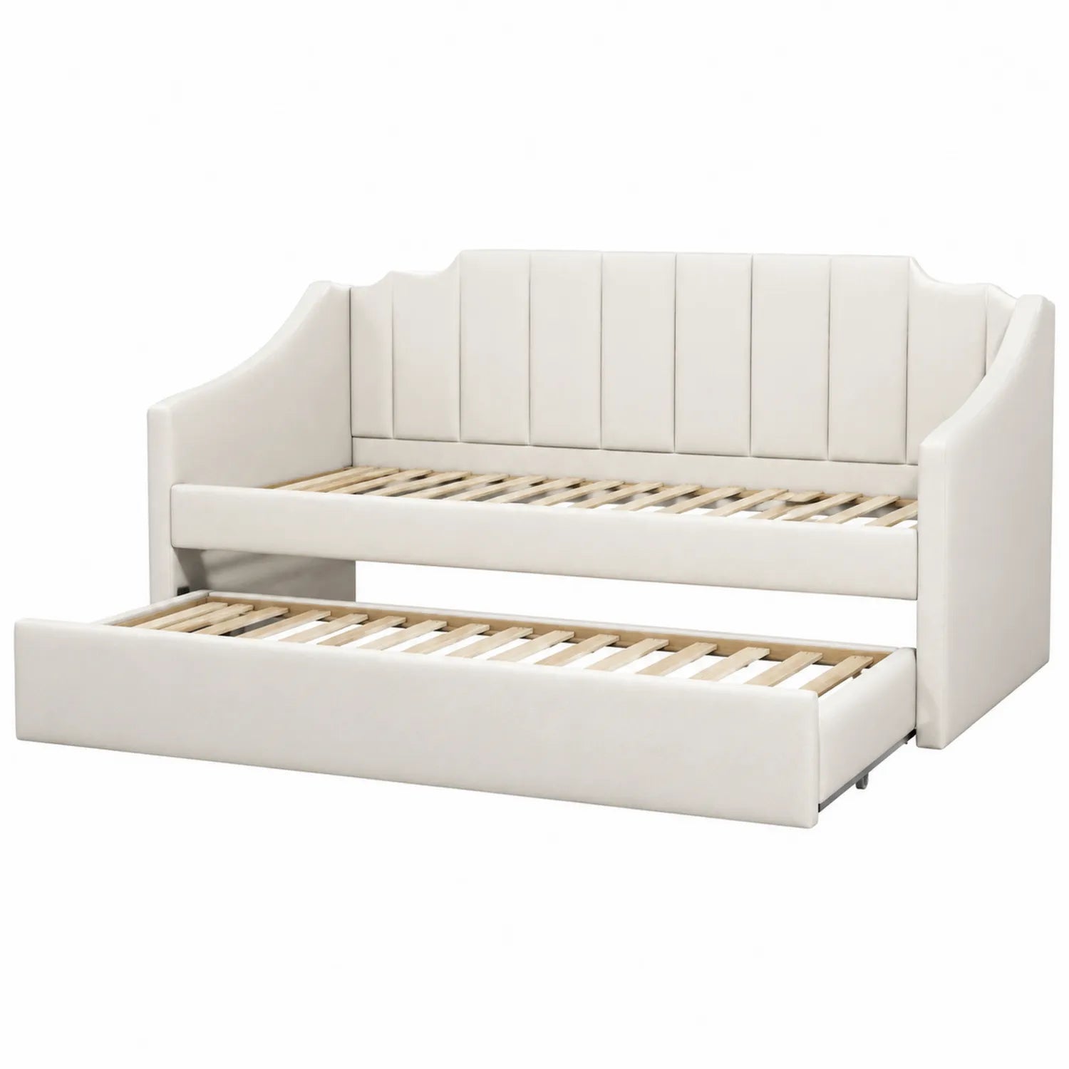 Cama nido tapizada en cuero sintético blanco con somier de listones