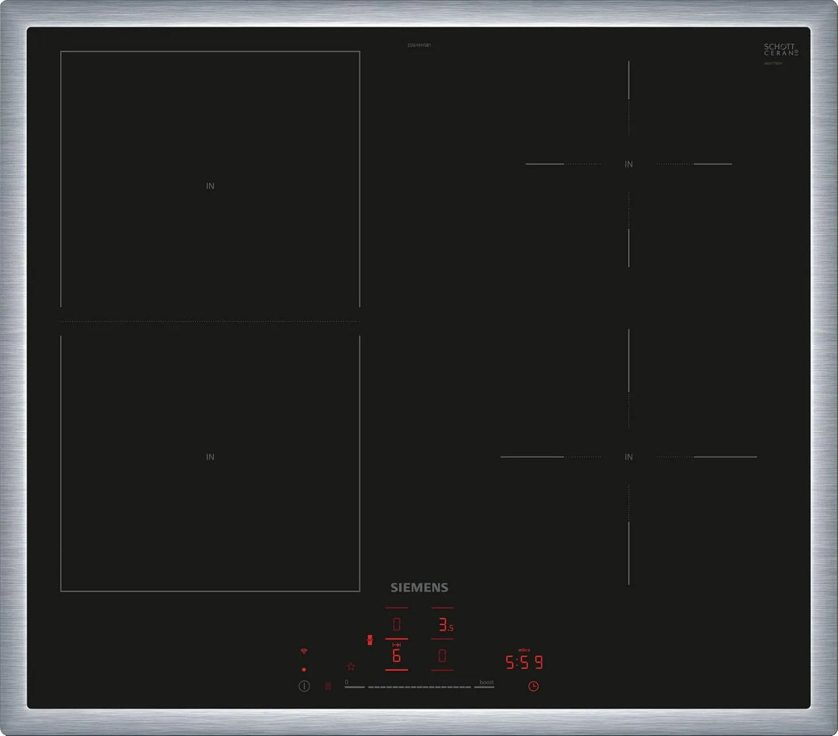 Siemens ED64RHSB1E inductiekookplaat, 60 cm, automatische werking, iQ500, slimme, met frame liggend, combi-inductie