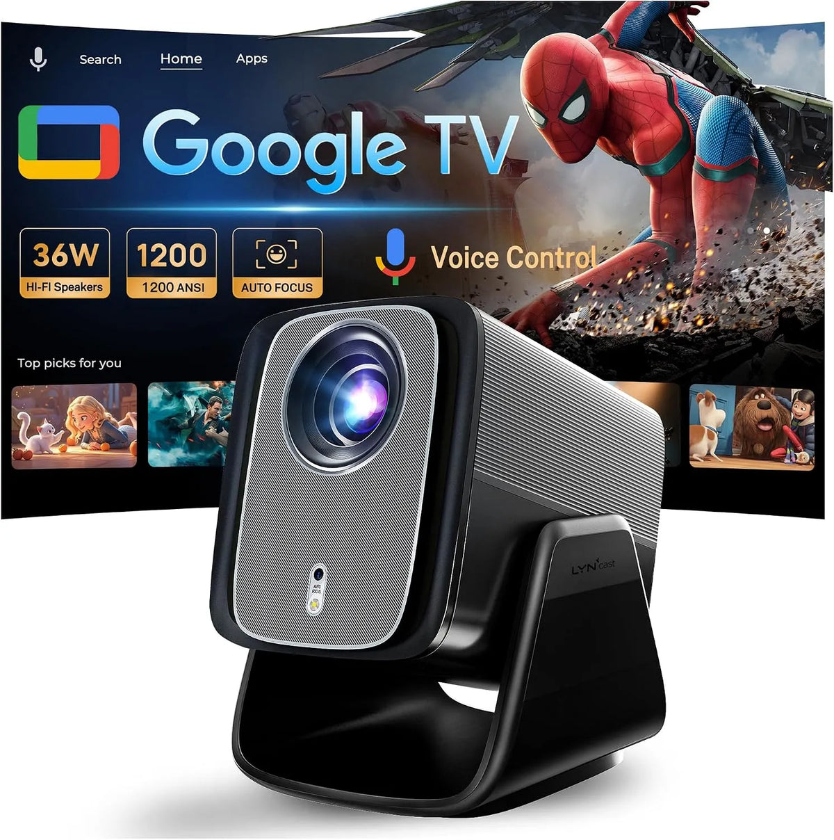 1080P HDR10 projector, 1200 ANSI, Google TV Smart Beamer 4K, 1200 ANSI Native AI Auto Focus &