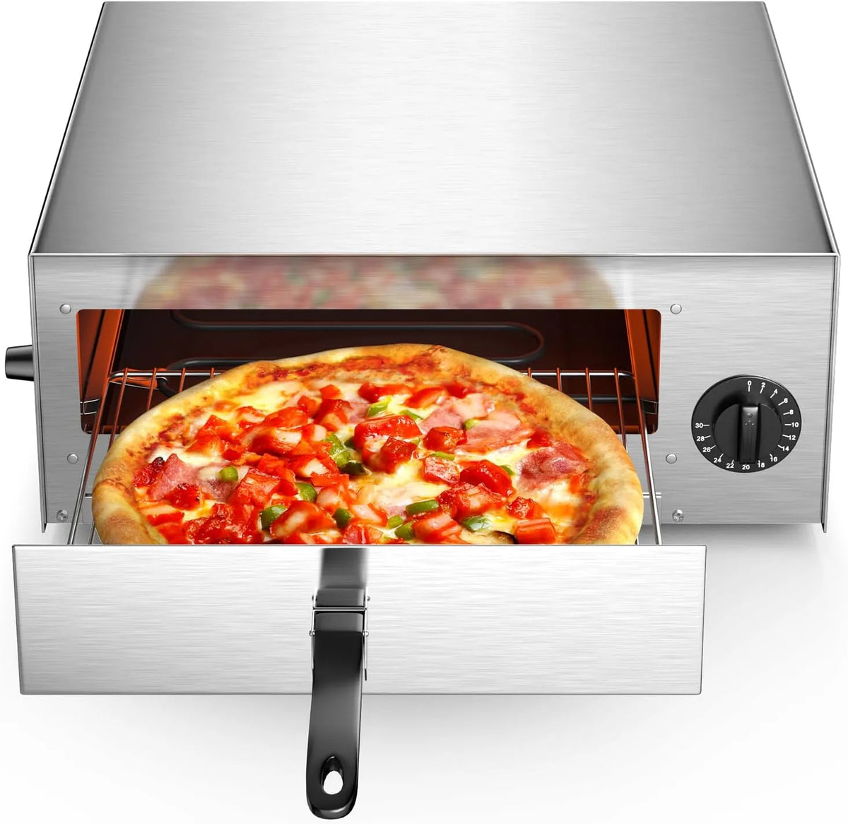 Pizzaoven, 76 cm, timer, SIMOE Elektrische, voor binnen met handvat en afneembaar dienblad en timer van 30 minuten