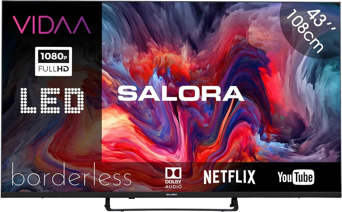 FOD43FV Smart TV, 43 Inch, Full HD, wifi-bediening, Salora, Full HD LED Television Met Borderless Design, Android TV-Functies, Triple Tuner