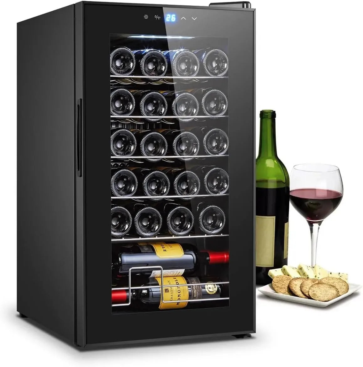 Wijnkoelkast, touchbediening, digitaal display, Wintem voor 24 Flessen 70L met Temperatuurregeling 5-18°C, Mini Wooler, Elegant Modern Design