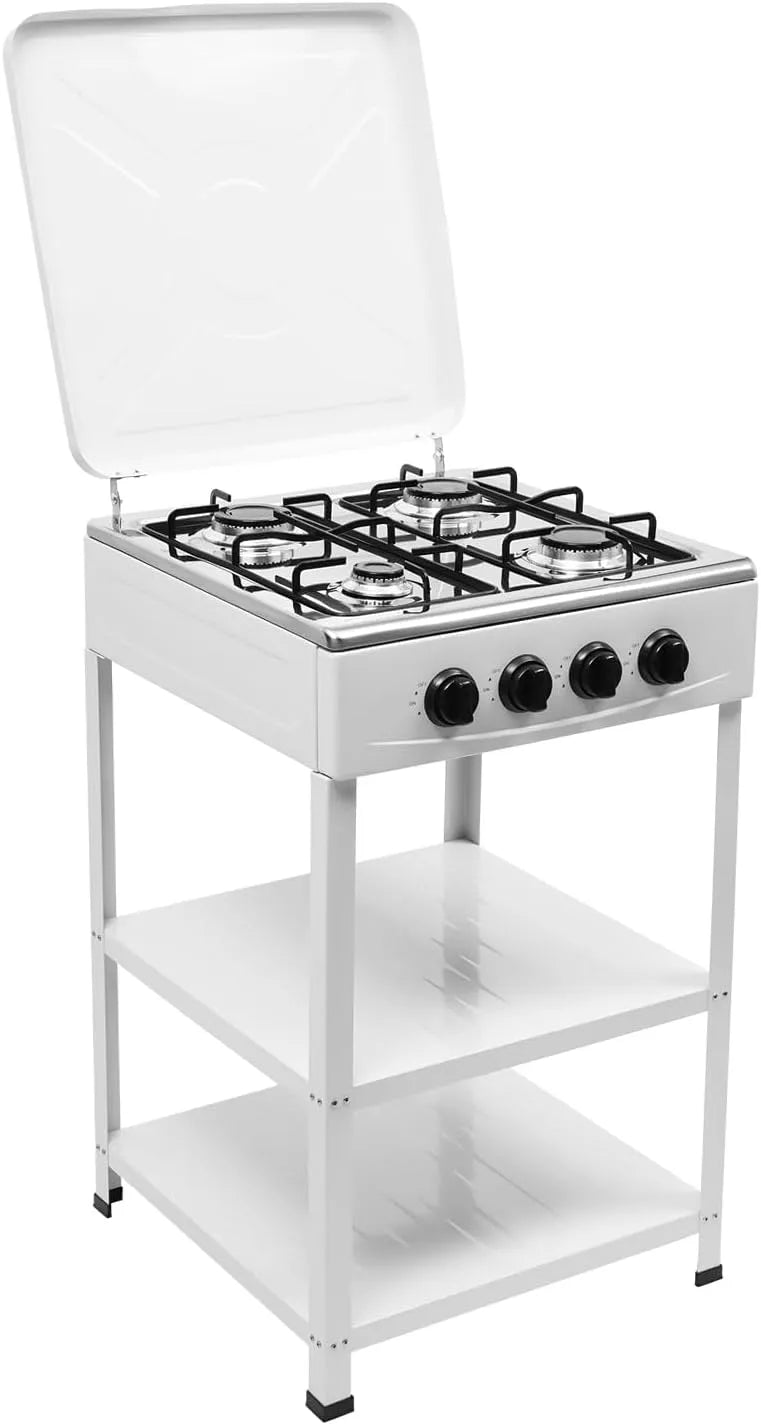 Gaskookplaat, 4 branders, vrijstaand aardgasfornuis met dubbele plank, campinggasfornuis met deksel, voor camping in de open lucht