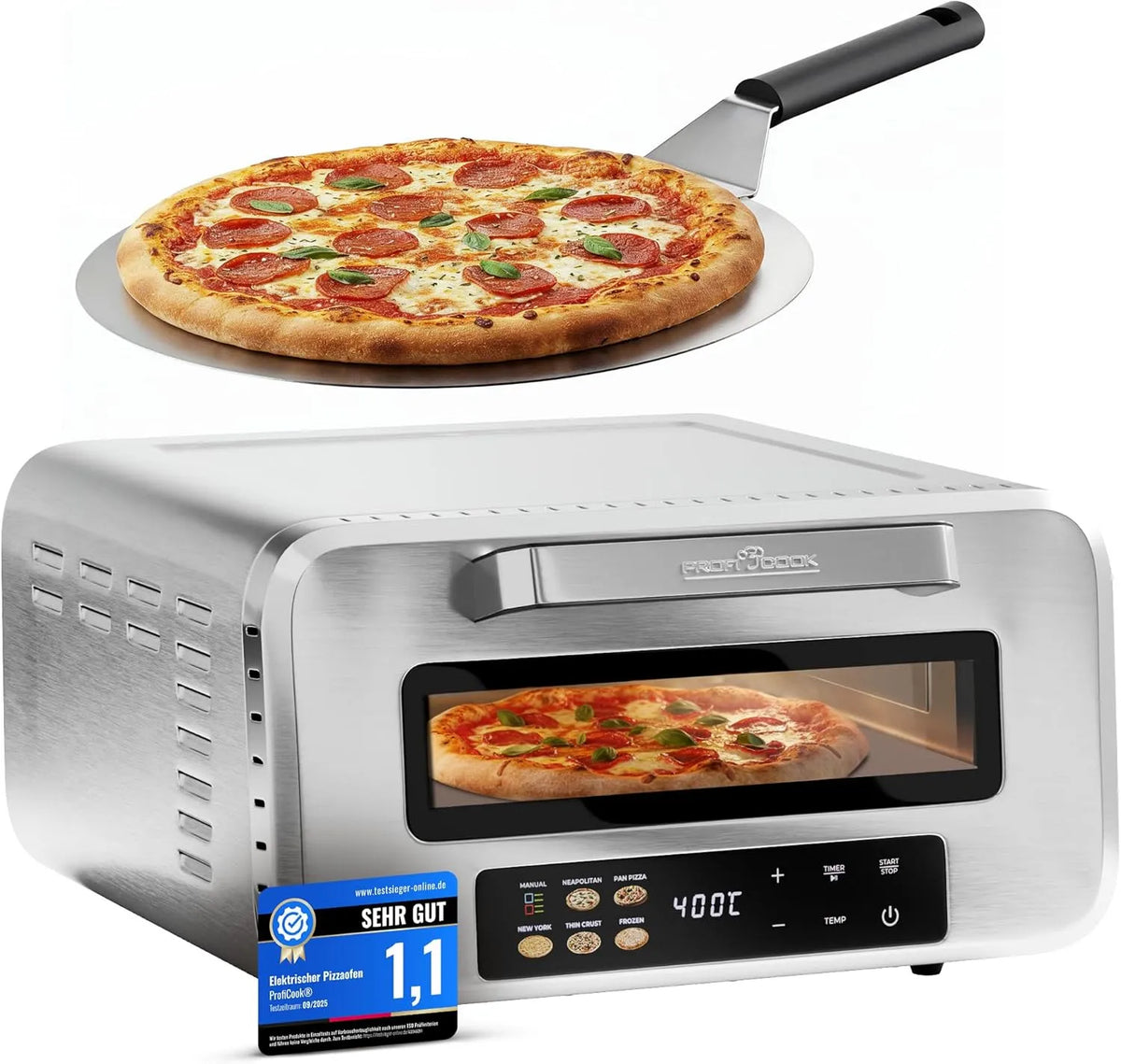 PO 1323 pizzaoven, 5 min, instelbare temperatuur, ProfiCook elektrische, echte pizzasteen, incl. pizzaschep, variabele tijd- en temperatuurinstelling