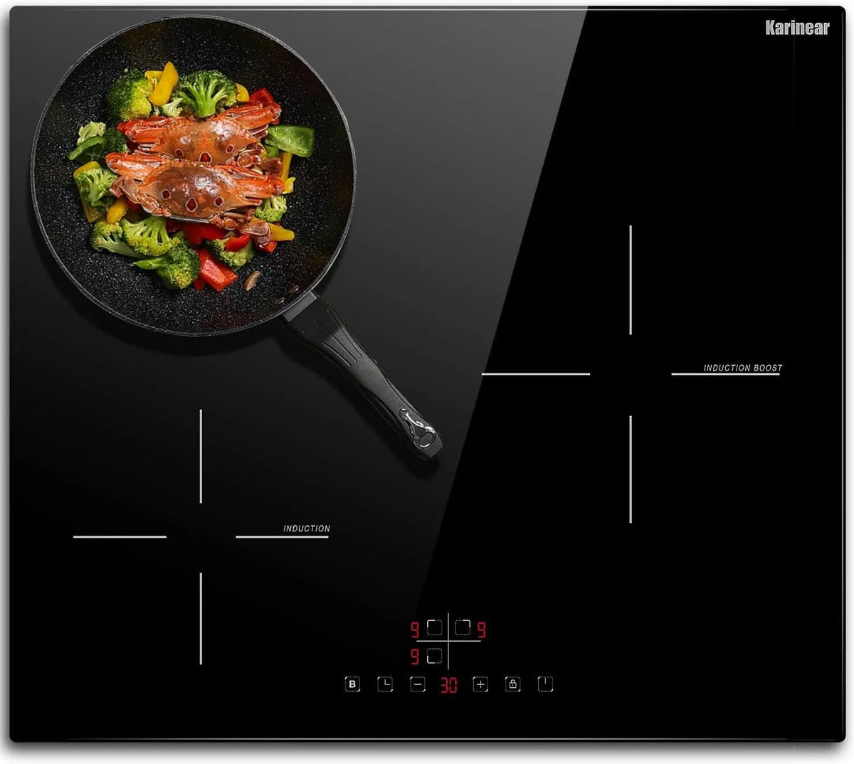 Inductiekookplaat, 5200 W, 60 cm, timer, Karinear 60 cm inbouw, inductieplaat 3 platen, inbouwkookplaat inductie 60 cm met timer, touch-bediening