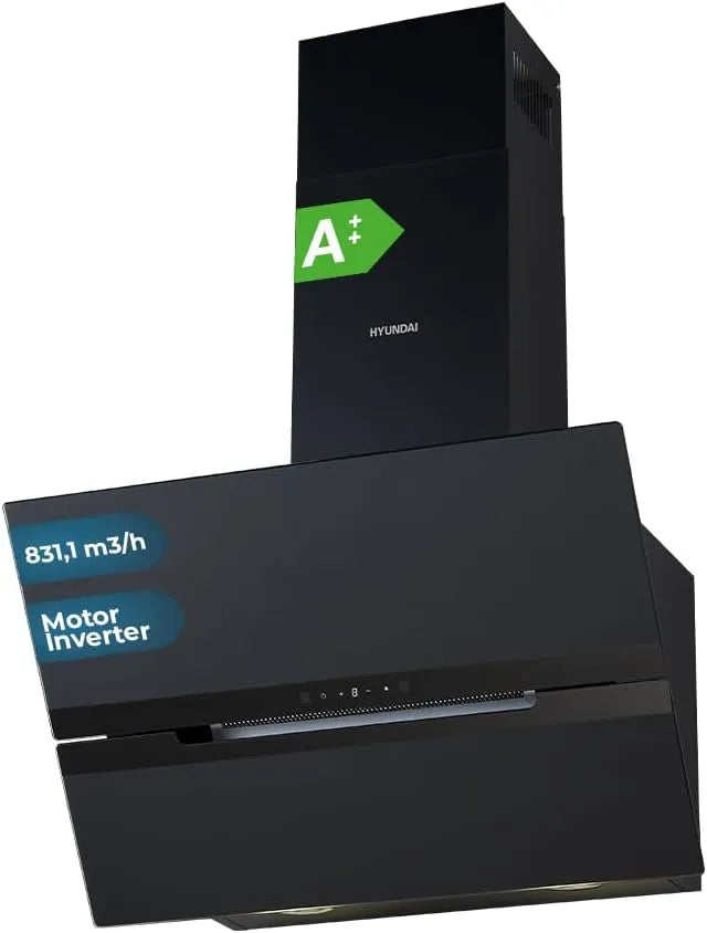HCDE60DCB00 afzuigkap, 831 m3/h, 64 dB, 60 cm, 3 snelheden, Hyundai decoratieve, zwart glas, touch-bediening, vaatwasmachinebestendige filter