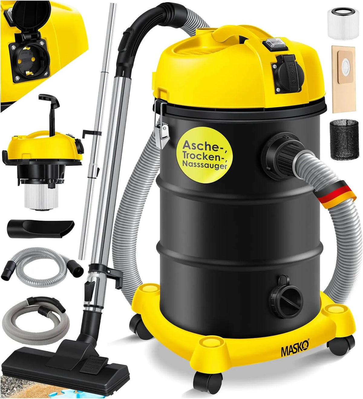 Stofzuiger, nat en droog gebruik, zakloos opvangsysteem, Masko 6-in-1 industriële, 2300 watt + stopcontact, industriële met en zonder zak