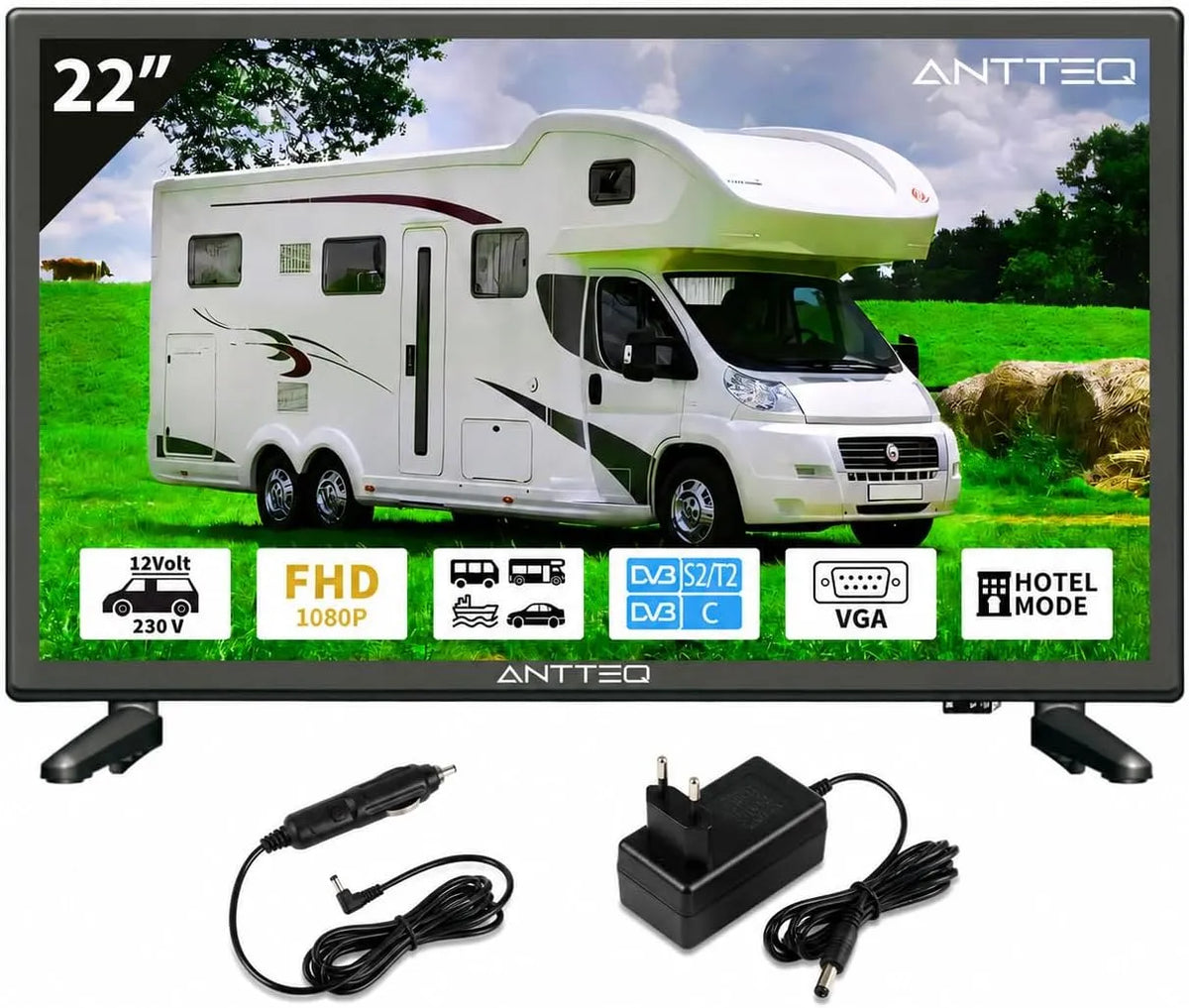 DVB-C/T2/S2 Smart TV, 22 Inch, 55 cm, Antteq 22 Inch, 2K D-LED LED Televisie met 12V Voeding, Zonder, Triple Tuner, Dolby Audio