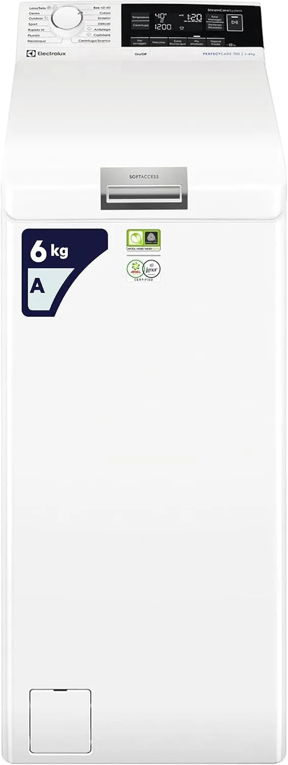 Electrolux EW7T336A wasmachine, 890 mm, 600 x 400 x 890 mm, digitaal display, stoomfunctie, 700 met bovenlader, led-display met touch-control