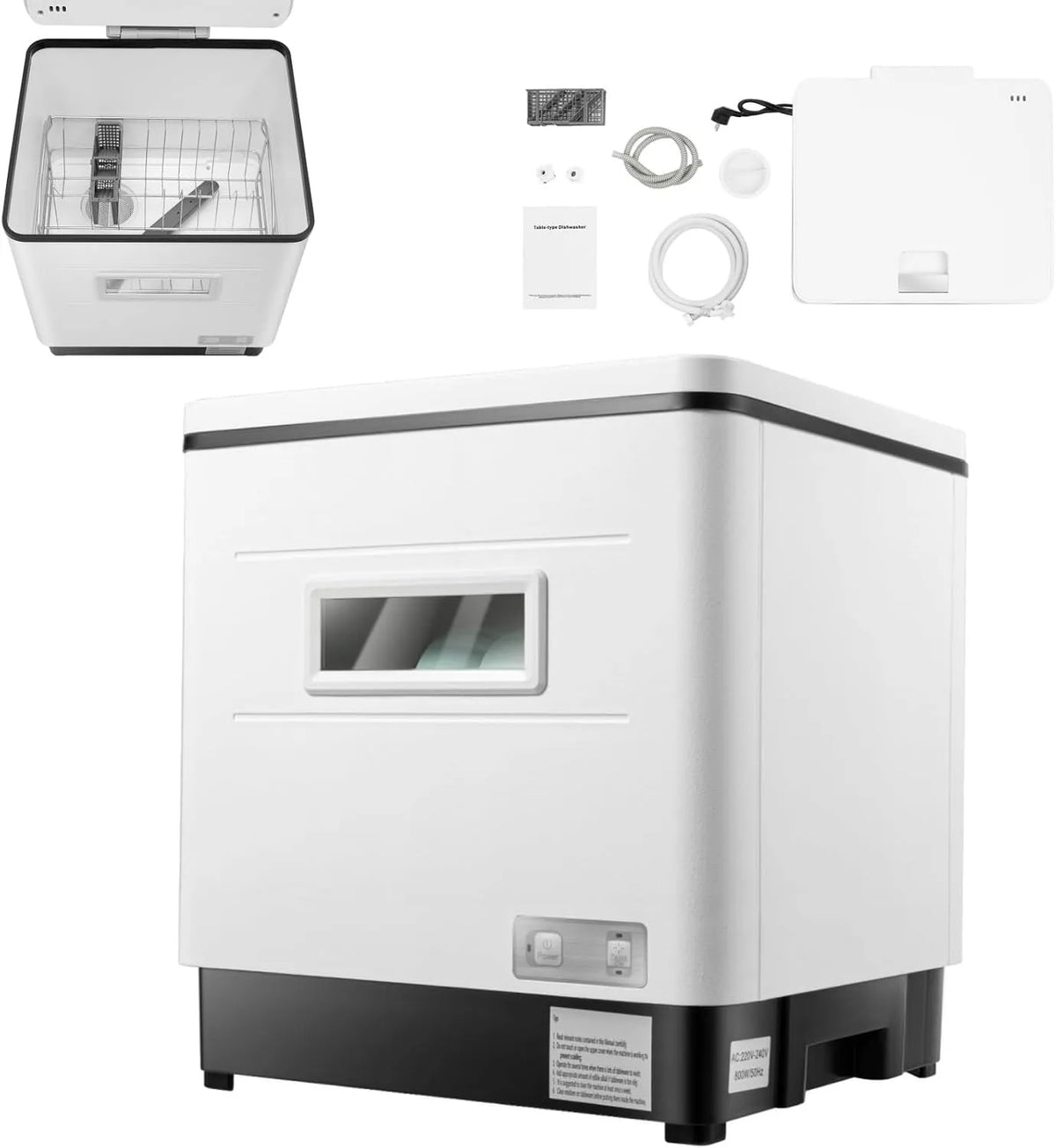 Vaatwasser, 800 W, roestvrijstalen behuizing, 800 W roestvrij staal, Exquise tafel, 360 ° water rotatiespray, vrijstaande vaatwasmachine kleine