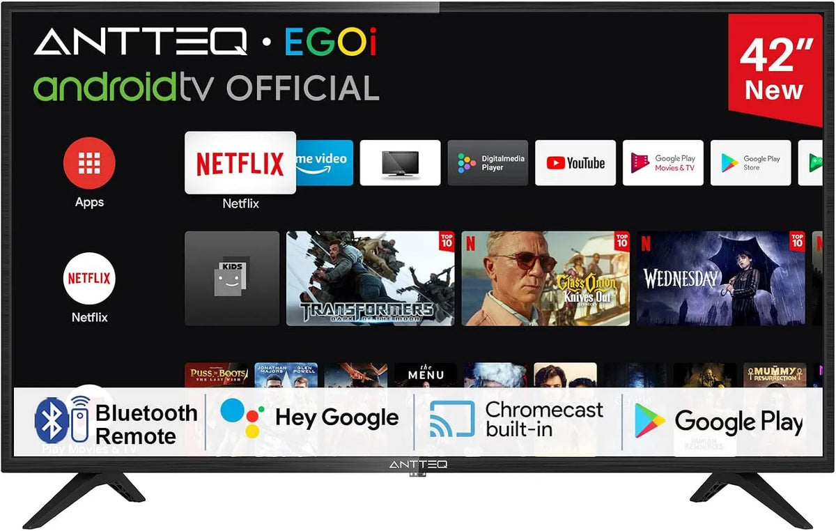 DVB-C/S2 TV 42 Smart TV, 42 inch, 106cm, Full HD, wifi-bediening, ANTTEQ Smart inch, Android Televisie met Google Assistant, Google Play Store