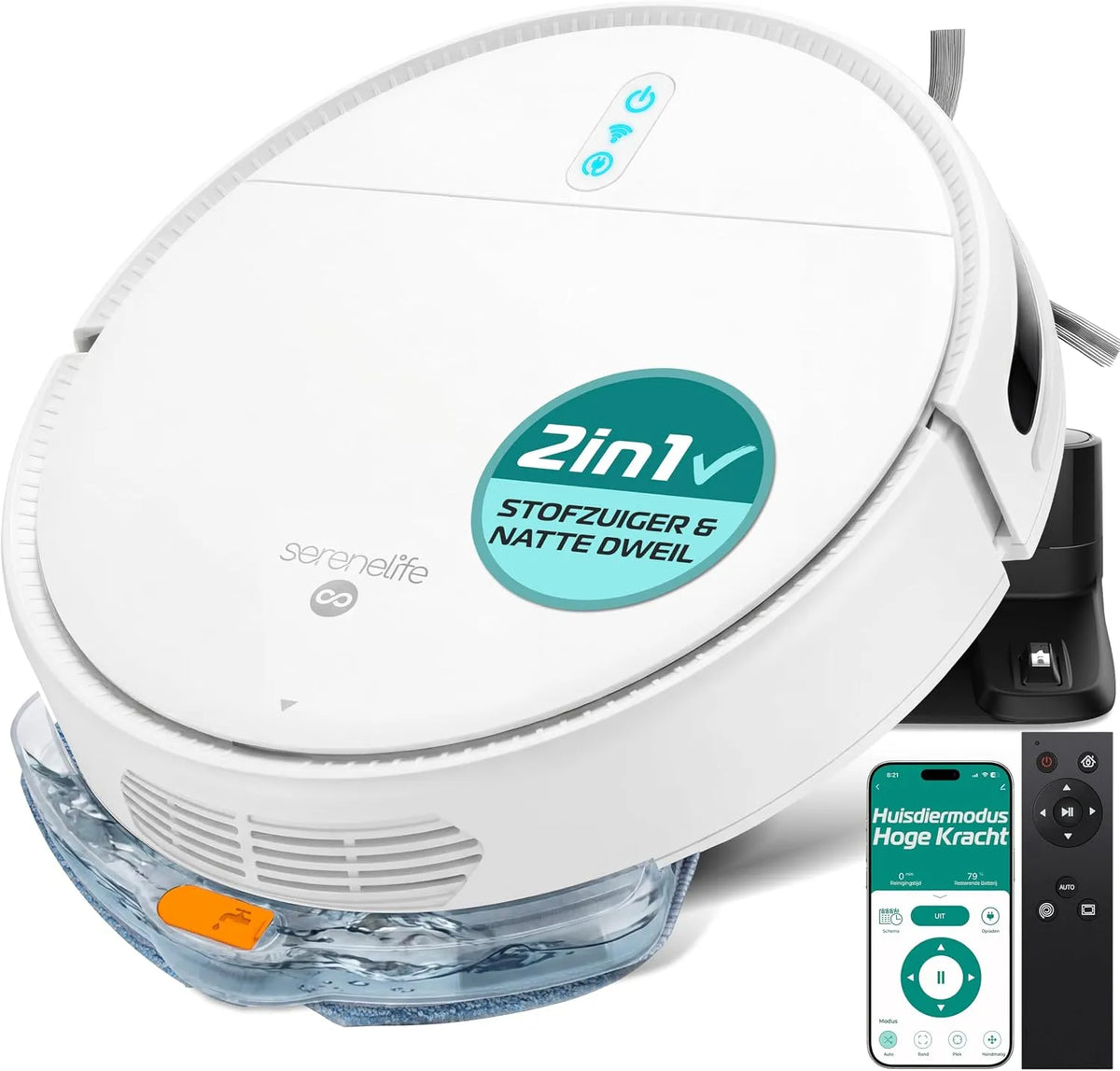 Robotstofzuiger, 700Pa, automatische werking, zuig- en dweilfunctie, reinigingsmodus voor huisdierhaar, SereneLife Slimme met Dweilfunctie